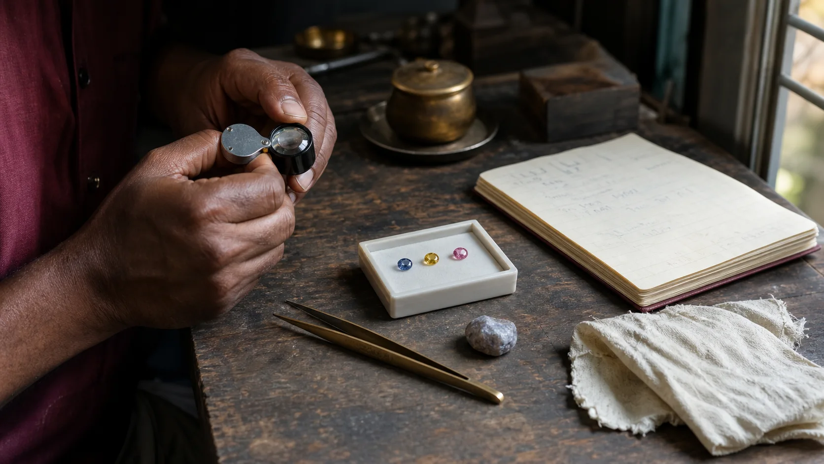 A gemologist examining loose natural gemstones at a wooden workbench