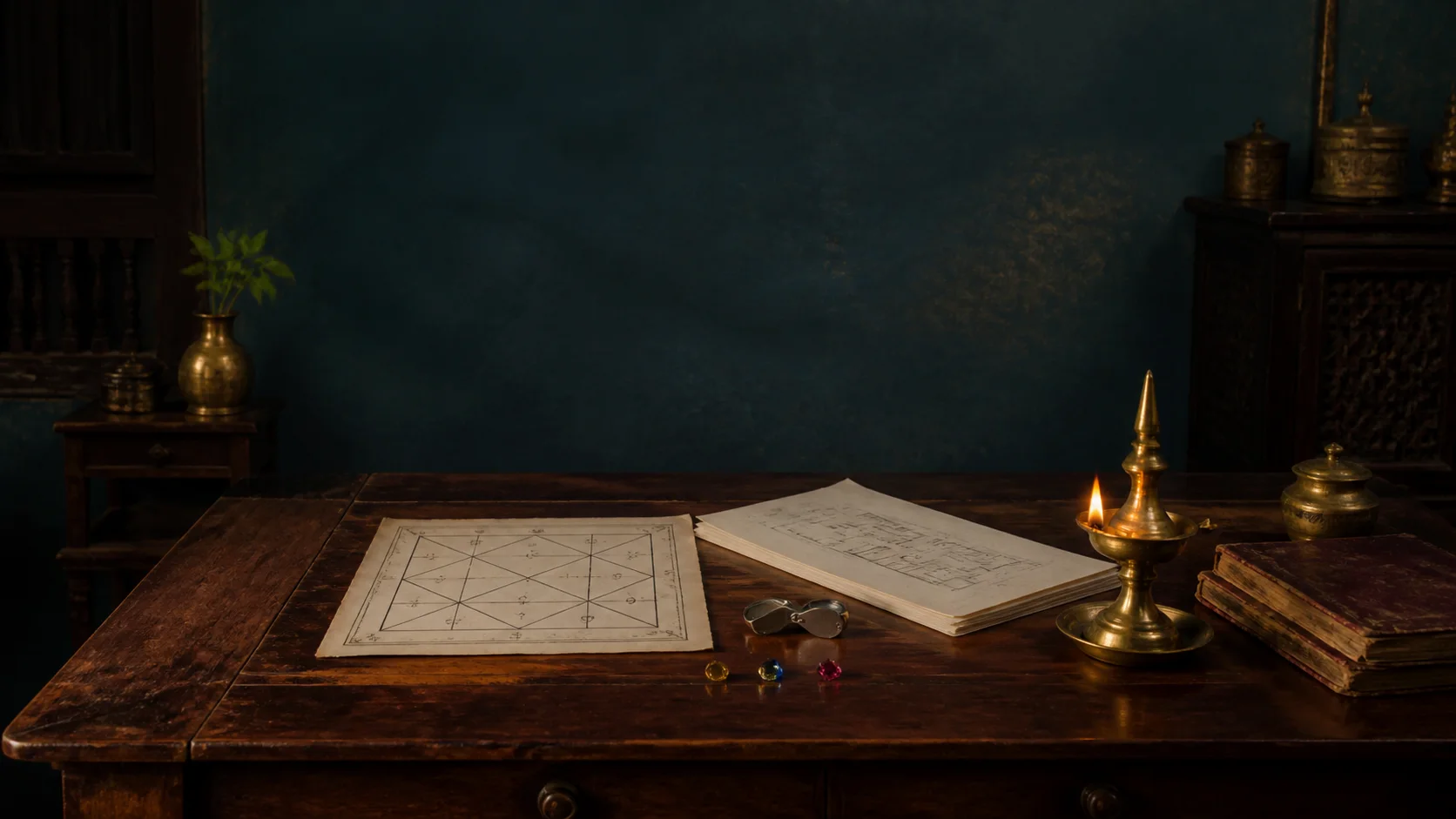 Jyothishya, Vastu and gemstone guidance materials on a heritage consultation table
