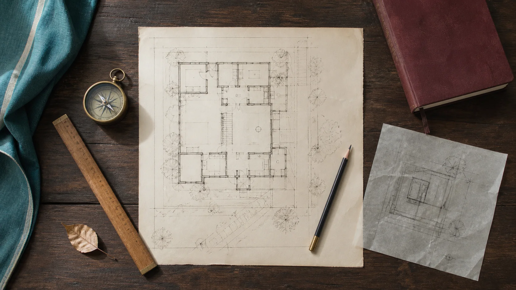 A house plan, compass, ruler and pencil on a wooden table